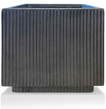 IDEALIST 30cm Square Planter | Ribbed Black Reinforced Stone Square Box | Garden Planters with Drainage Holes H30 L30 W30 cm, 18 litres