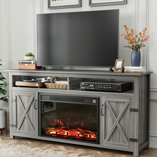 YESHOMY Soporte de TV para chimenea de hasta 65 pulgadas con almacenamiento y puertas de granero de granja, centro de entretenimiento con gabinete y estantes, consola multimedia para sala de estar