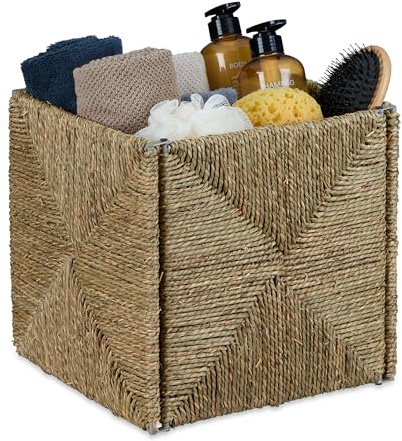 Relaxdays Cesta Almacenaje, Cuadrada, Hierba Marina, Caja Organizadora Trenzada, Baño y Salón, 30 x 30 x 30 cm, Natural