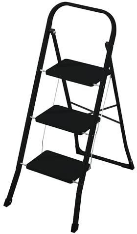 Rijoka Escabeau pliant à 3 marches - Échelle domestique pliable - Acier - Antidérapant - Charge maximale : 150 kg - Noir