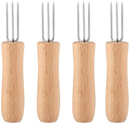 JYTDBCS 6Pcs Wooden Handle in The Cob Handlesstainless Steel Pickle Fork Stainless Steel BBQ Meat Fruit Forks Barbecue Corn Holder