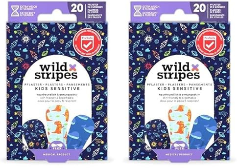 Wild Stripes Kinderpflaster Set I Fingerpflaster I Kids Space I Pflaster Kinder Hautfreundlich I Wasserdichte Pflaster Wasserresistent I Wundpflaster 24h Schutz I Weltraum-Designs I 20 Stück