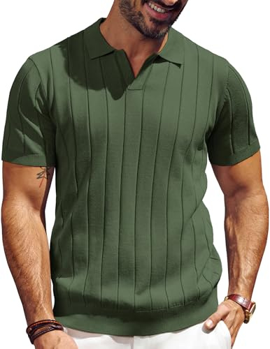 PJ PAUL JONES Camisa tipo polo para hombre con cuello en V y textura, manga corta, polo de punto informal, Verde militar, Medium