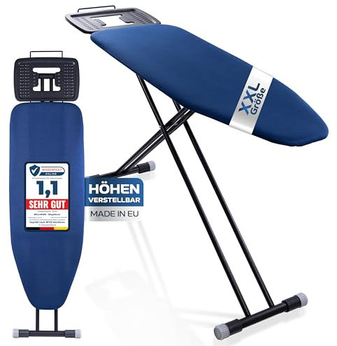 RELLINGER® Premium Bügelbrett XXL 120x42cm Bügelfläche [EXTRA STABIL & HÖHENVERSTELLBAR] - Bügelbrett für Dampfbügelstation - Bügeltisch mit rutschfesten Füßen - Ironing Board mit Ablage (Made in EU)