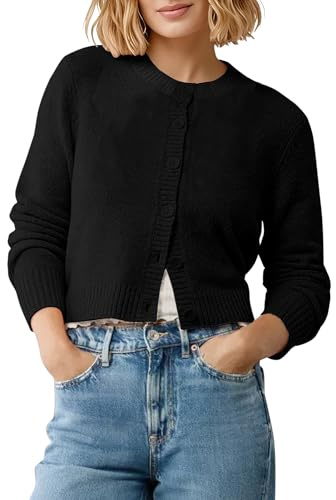 EXCHIC Donne Cozy Maniche Lunghe Apri Fronte Corto Cardigan Adatta Slim Collo Rotondo Pulsante Giù Maglione Giacca(M, Nero)