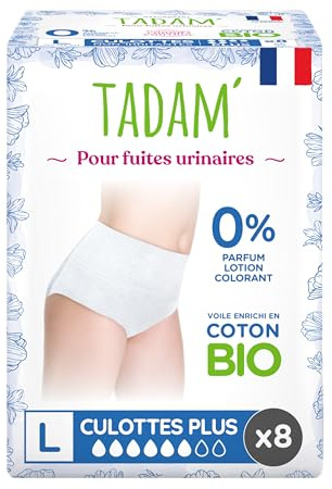 TADAM' - 8 Culottes Femme Incontinence Jour ou Post Partum, Absorption XXL, Taille L, Blanc, Discrètes, Confortables & Hypoallergéniques avec technologie anti-odeur.