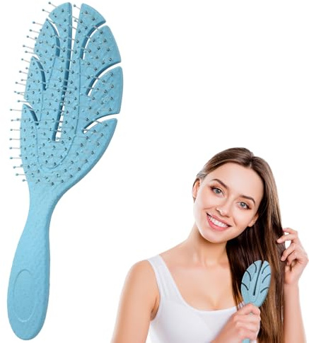 Cepillo para el cabello con paja de trigo – Para rizos y liso – Antienredos, antielectricidad estática, masaje cuero cabelludo – Apto en seco y mojado (azul)