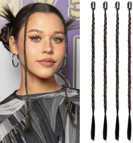 Clip-in Hårdelar, 17 tum, Syntetiska Flätade Extensions, För dagligt bruk och feststyling, Svart Brun (4 st - Brun Svart)