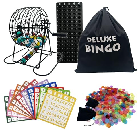 SUTIMSHE Deluxe Bingo Game Set-Includes Metal Cage with Big Bag,1000 Mixed Color Plastic Chips,100 Large Cards,75 Bingo Balls,Plastic Masterboard, 2 Velvet Bag,Ideal for Large Group and Parties