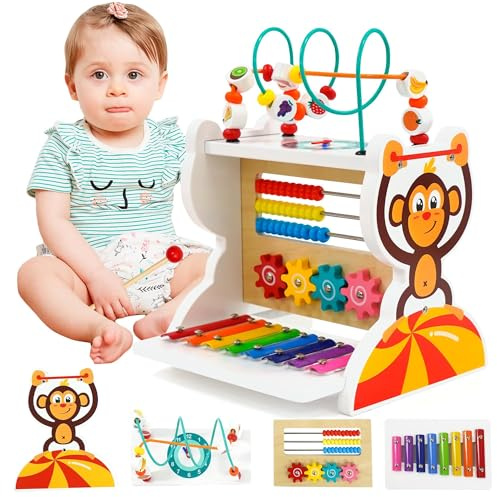 Maycoly Cube d’Activités en Bois 5-en-1, Labyrinthe de Perles, Engrenanges, Horloge, Montessori bébé Jouet Cadeau pour Enfants de 3 Ans+