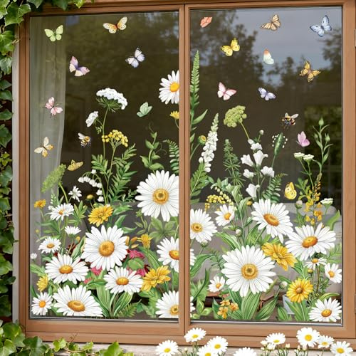 wondever Stickers Fenetre Printemps Marguerite Autocollant Fenêtre Blanche Fleurs Herbes Florales Papillons Anti-Collision Décoration pour Printemps Été Vitre Stickers