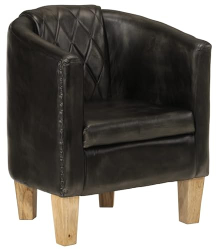 Tonture Poltrona da club grigia in vera pelle di mango massiccio, 58 x 54 x 70 cm, comoda poltrona lounge per soggiorno, camera da letto, angolo lettura, interni, adulti