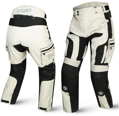 STORM Pantaloni Moto 4 Stagioni con Protezioni, 3 Strati, Imbottitura Rimovibile e Tessuto Traspirante, Taglie Fino a 3XL per Enduro (IT, Testo, L, Regular, Regular, Black/White)