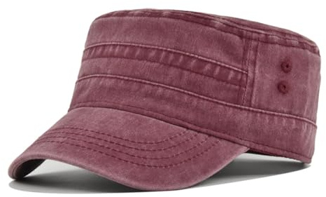 Agturber Unisex Cadet Army Cap Vintage Washed Cotton Military Hat Adjustable Flat Top Baseball Cap, Wine Red, One Size