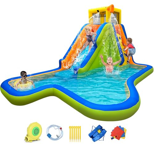 Tobogán acuático inflable, casa de rebote 6 en 1, patio trasero, parque acuático con tobogán, piscina de chapoteo, pared de escalada, aspersores, castillo inflable para mojado y seco