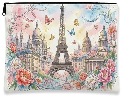 Beauty case vintage floreale, Torre di Parigi e farfalle, astuccio per cosmetici da donna, organizer da viaggio portatile in tela con cerniera, borsa da toilette primaverile per la cura della pelle