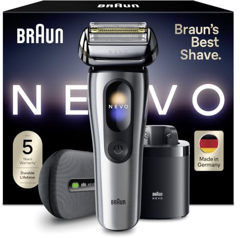 Braun NEVO Men’s Electric Shaver with AeroTouch Technology, Silver | Smart Display. Includes Care 7in1 System, Power Travel Case, Ultra Adaptive Head, Wet & Dry, 60-Min Runtime, NEVO17000C