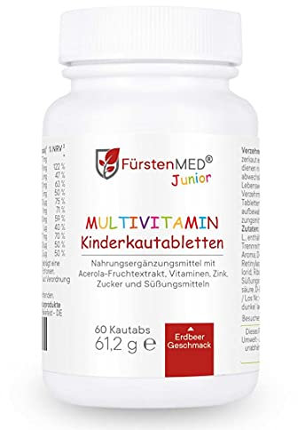 FürstenMED Kinder Multivitamin Vegan Kautabletten (Geschmack: Erdbeere) - Vitamin A, B, C, D & E speziell für Kinder entwickelt - 60 Tabletten - Laborgeprüft