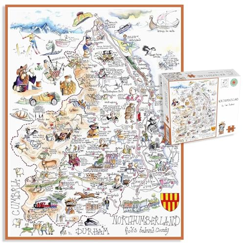 Comical Map Of Northumberland, Artwork By Tim Bulmer - 1000 Piece Puzzle For Adults, Large Puzzle 66cm X 50cm In Size. Challenging To Complete But Fun And Humorous. Makes A Great Gift For Birthdays