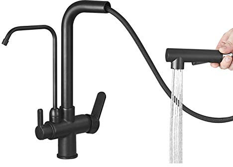 SJQKA 3 Wege Wasserhahn Küche Ausziehbar,360° Drehba 3 In 1 Mischbatterie Wasserfilter,Spültischarmatur,Spüle Filtersystem Trinkwasserhahn,Küchearmatur Für Osmoseanlagen (Schwarz)