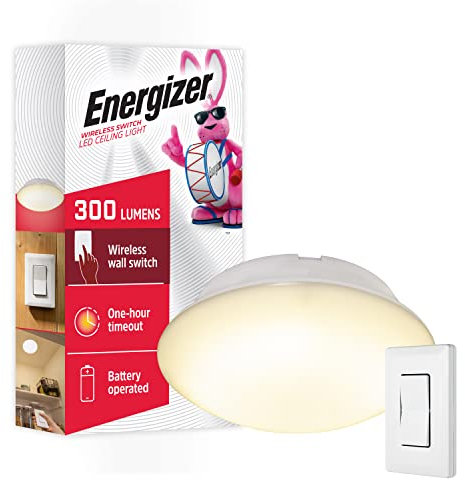 Energizer LED Ceiling Light Fixture, Battery Operated, Wireless Wall Switch Remote, 300 Lumens, Ceiling Light No Electricity, Perfect for Closets, Laundry Room, Garage, Shed and More, 58823-T1
