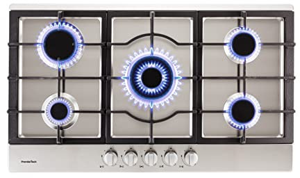 PremierTech Piano Cottura a Gas 5 fuochi, 75 cm, Inox, Bruciatore Centrale, Supporti in Ghisa, predisposto Metano e kit ugelli GPL inclusi, PC5G75