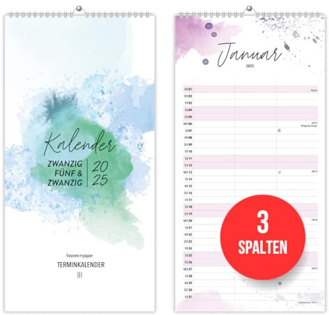 heaven+paper Paarplaner 3 Spalten Aquarell Kunst - Kalender für zwei 2026 mit Feiertagen, Schulferien, Mond - Wandkalender 2026 Familienkalender (Happy Splash, 3 Spalten)