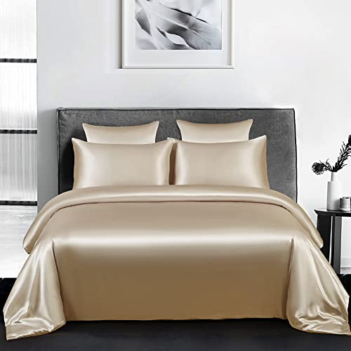 Housse de Couette Satin 220x240 Taupe avec 2 Taies d'oreiller 65x65 cm