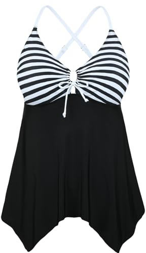 Firpearl Maternity Tankini Top Plus Size Bathing Suit Tops for Women V Neck Flowy Swimming Top Strappy Swimwear Black&White Stripes US12