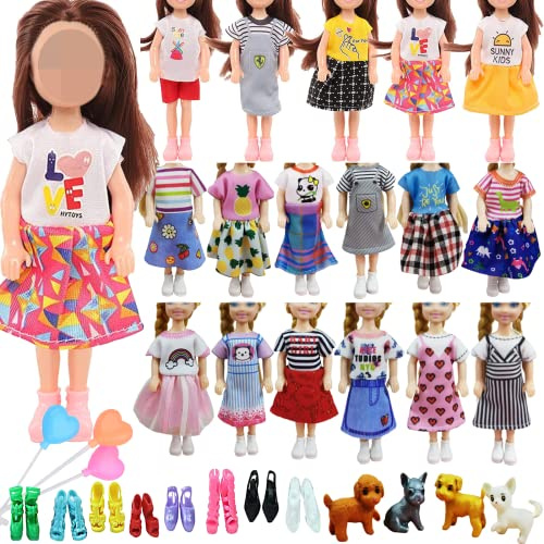 Lot de 18 vêtements compatibles avec les poupées Chelsea de 15,2 cm, accessoires de poupée y compris 12 robes de style aléatoire, 2 paires de chaussures, 1 chien aléatoire et 3 ballons colorés pour