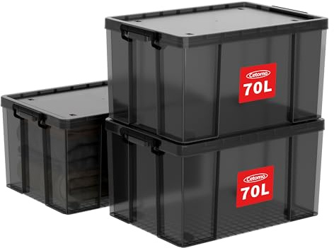 Cetomo 70L*3 Heavy-Duty Storage Boxes, Plastic Stackable Storage Box with Wheels, Storage Bins with Reinforced Corners, Vertical Sides and Clip Closure, Durable, Sturdy, Transparent Black, 70L-3Pack