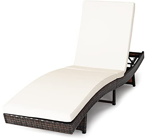 COSTWAY Folding Rattan Sun Lounger, 5-Position Adjustable Garden Chaise Lounge Deck Sunbed with Removable Cushion, Outdoor Wicker Seaside Reclining Chair for Patio, Balcony and Beach (Off-White)