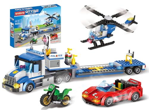 WVINVW City Police Truck and Trailer Building Set, Helicopter, Car, Motorcycle, Police Chase Building Blocks Toy Set Gift for Boys Aged 6-12, 469 PCS