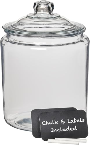 Anchor Hocking Heritage Hill Glass Jar with Lid, 2 Gallon Capacity, with 2 Chalkboard Labels and Chalk