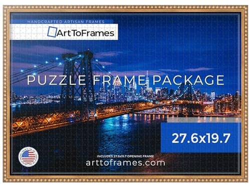 ArtToFrames 27.6x19.7 INCH/70x50 CM Gold Frame for 1000 piece Puzzles.This 0.80 Inch Custom Wood Puzzle Frame is Gold Leaf with Bead Compo - Comes with Economy Acrylic (PuzzleD6864-27.6x19.7)