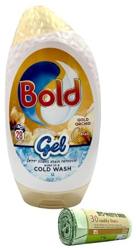 Bold Washing Liquid Laundry Detergent Gel 28 Washes, 980ml, Gold Orchid For Brilliant Cleaning With Built-In Lenor Freshness with 10L Caddy bin 30 bags