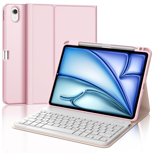 IVEOPPE Tangentbord för iPad Air 11 tum M4 2026/M3 2025/M2 2024, skyddsfodral med pennhållare, fodral med Bluetooth magnetiskt QWERTZ tangentbord för iPad Air 11 tum 8,/7,/6. Generation M4/M3/M2, rosa