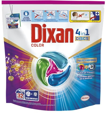 Dixan DISCS 4in1 Color Detersivo Lavatrice (32 Lavaggi), Capsule lavatrice per colori vivaci, pulizia profonda del bucato e freschezza igienica per la lavatrice, Rimuove le macchie da 20°C