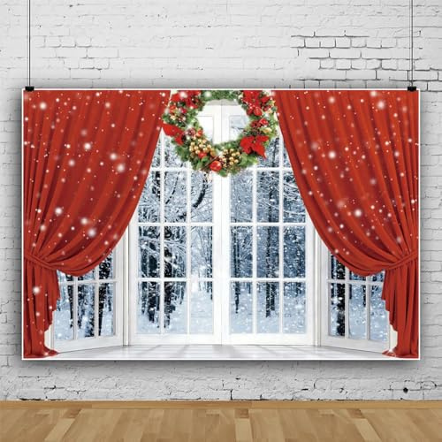 Toile de Fond de Rideau Rouge de Noël, Scène avec Sapin Scintillant et Couronne, Forêt Neige Blanche, pour Décoration, Vinyle, 10 x 6,5ft
