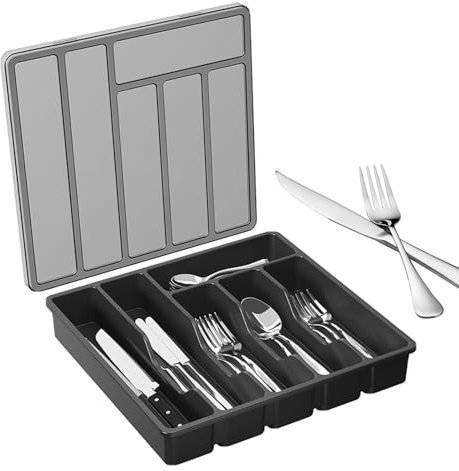 Générique - Boîte de rangement pour couverts avec couvercle, 6 compartiments, ustensiles de cuisine, hygiénique, polyvalent, camping, cuisine, noir