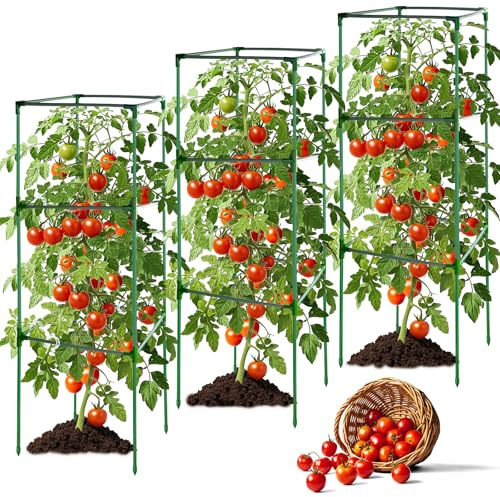 Paquete de 3 jaulas cuadradas de tomate de 120 x 40 x 40 cm para jardín, enrejado de tomate de acero resistente para jardín, jaula de tomate cherry con 25 clips, soporte duradero para plantas de