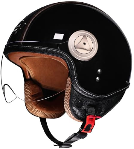 WZGGTEAM Jethelm mit Visier, Retro Leder Halbschalenhelm DOT/ECE 22.05 Zertifiziert Motorradhelm, Roller Helm Jet Helm Mopedhelm Herren und Damen, Open Face Helm Vintage