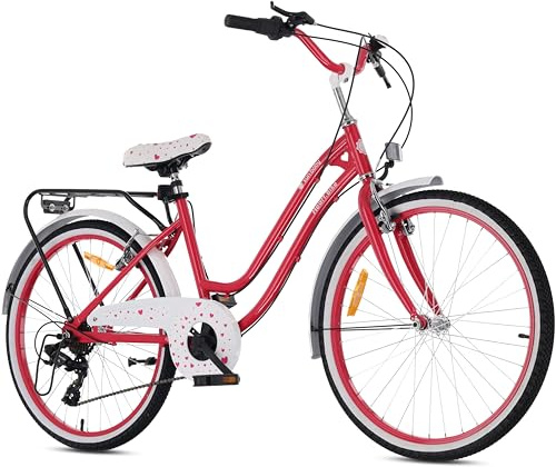 Heart Bike Flickcykel för en flicka 24 tum, 8 till 12 år, Hallon, Barncykel med 7-växlad, pakethållare, stänkskärmar i metall, V-broms, kedjeskydd