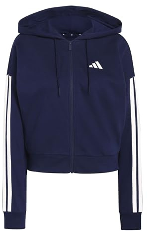 adidas Women's ESSENTIALS 3-STRIPES FRENCH TERRY FULL ZIP HOODIE, dark blue/white, S
