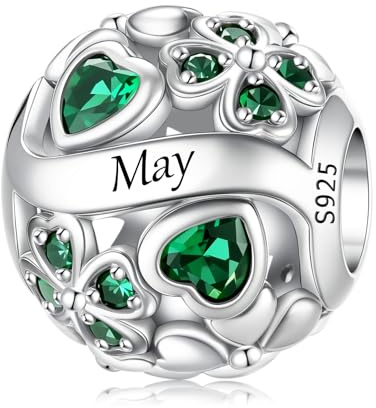 LNQOBU Birthstone Charms per Braccialetti, 925 Argento Sterling Perline di Fascino a Forma di Cuore con trifoglio Portafortuna, Ciondolo d'amore, Regalo di Compleanno per le Donne