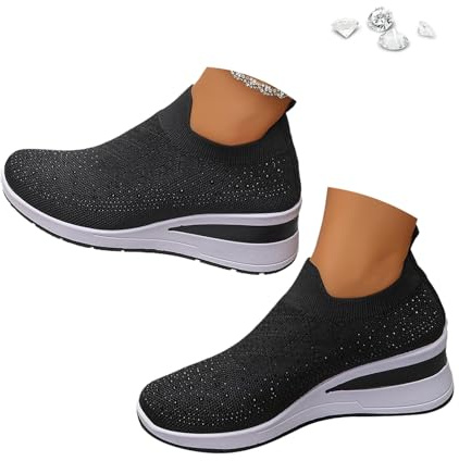 Baskets compensées respirantes à paillettes pour femme - En maille - À enfiler, Noir , 0 UK Wide