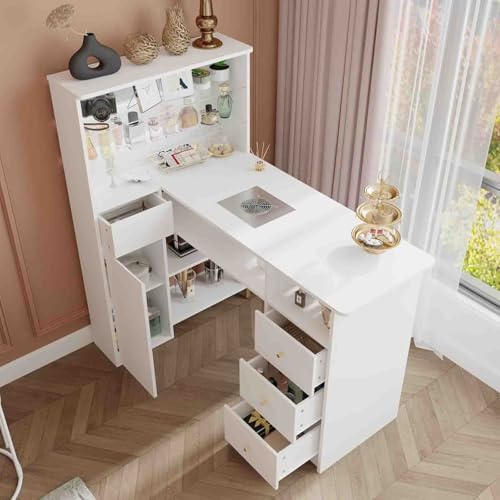 Manikyrbord, Professional Nail Desk Station med elektrisk dammsamlare, skönhetstekniker med 4 lådor och flera öppna hyllor för salong