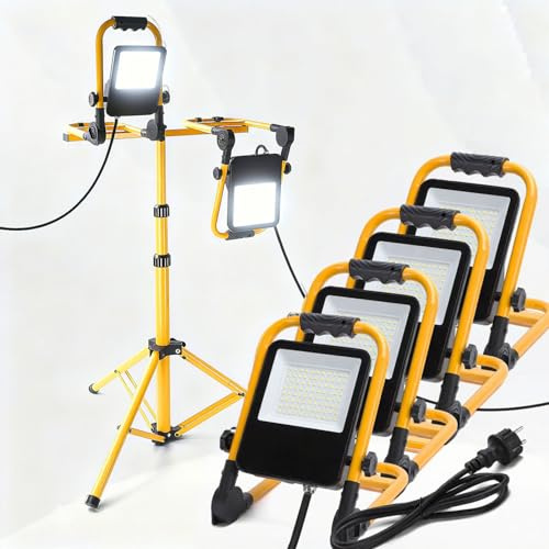 Aigostar Foco de Trabajo LED 50W 4500LM Foco LED Portátil con Enchufe, IP65 Impermeable Soporte plegable, para Uso en Interiores y Exteriores, para Obra, Taller, Garaje,6500K, 4 pcs(Sin soporte)
