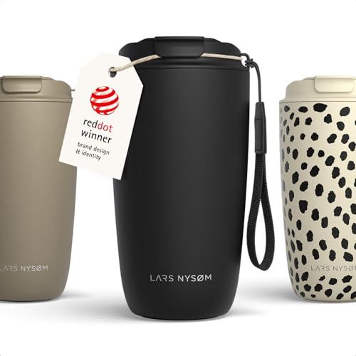 LARS NYSØM Tazza Termica per caffè Thermo Coffee Mug-to-Go con Cinturino & Coperchio in Tritan 500ml | Tazza da Viaggio 0,5 Litri con Isolamento | Per caffè e tè (Carbon Black, 500ml)