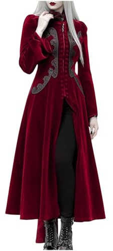 Generisch Women's Retro Velvet Dress Long Sleeve Evening Dress Renaissance Victorian Frock Coat Stand-Up Collar Elegant Maxi Dress Witch Coat Vampire Costume for Carnival Halloween Cosplay Costume